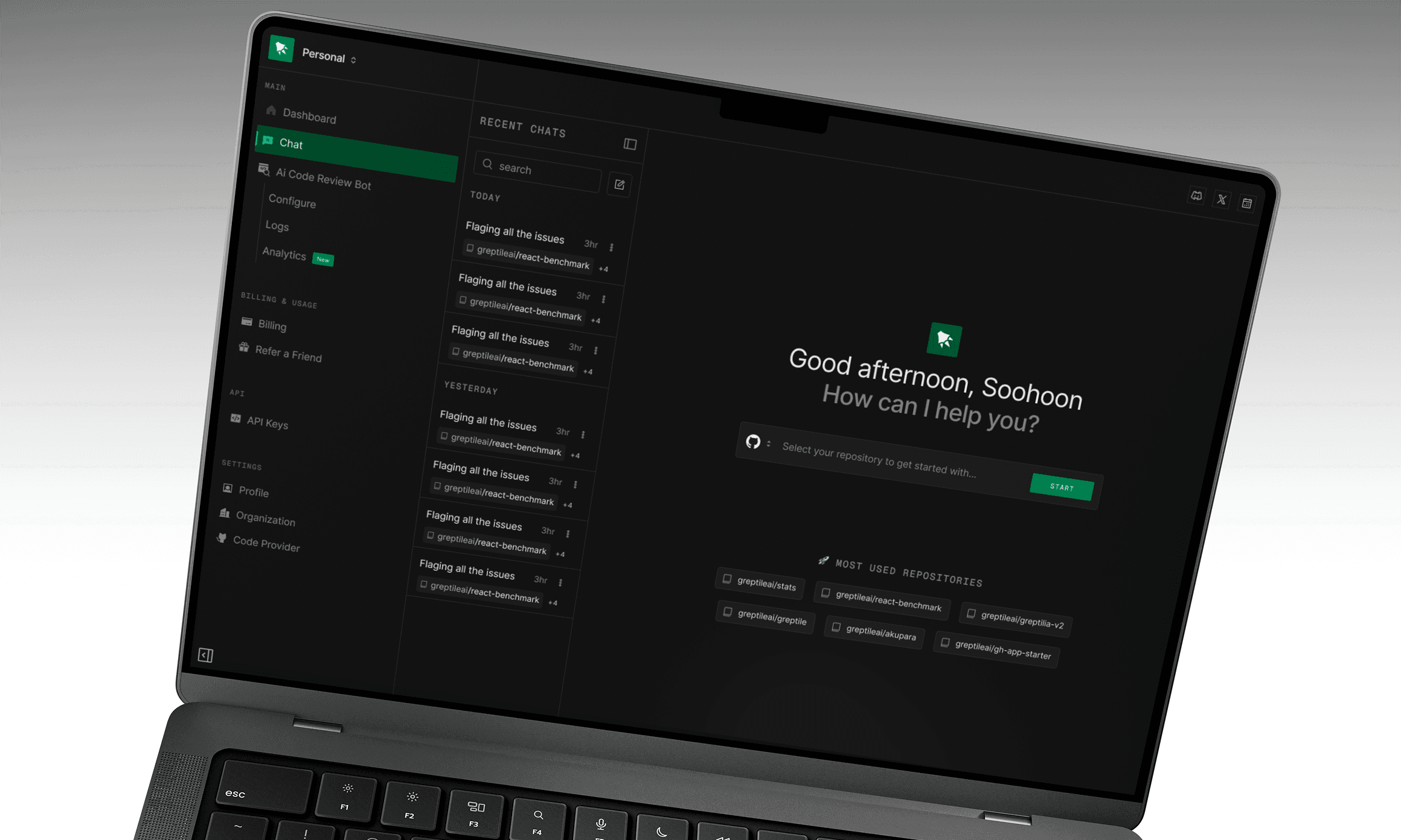 Greptile product interface on a laptop