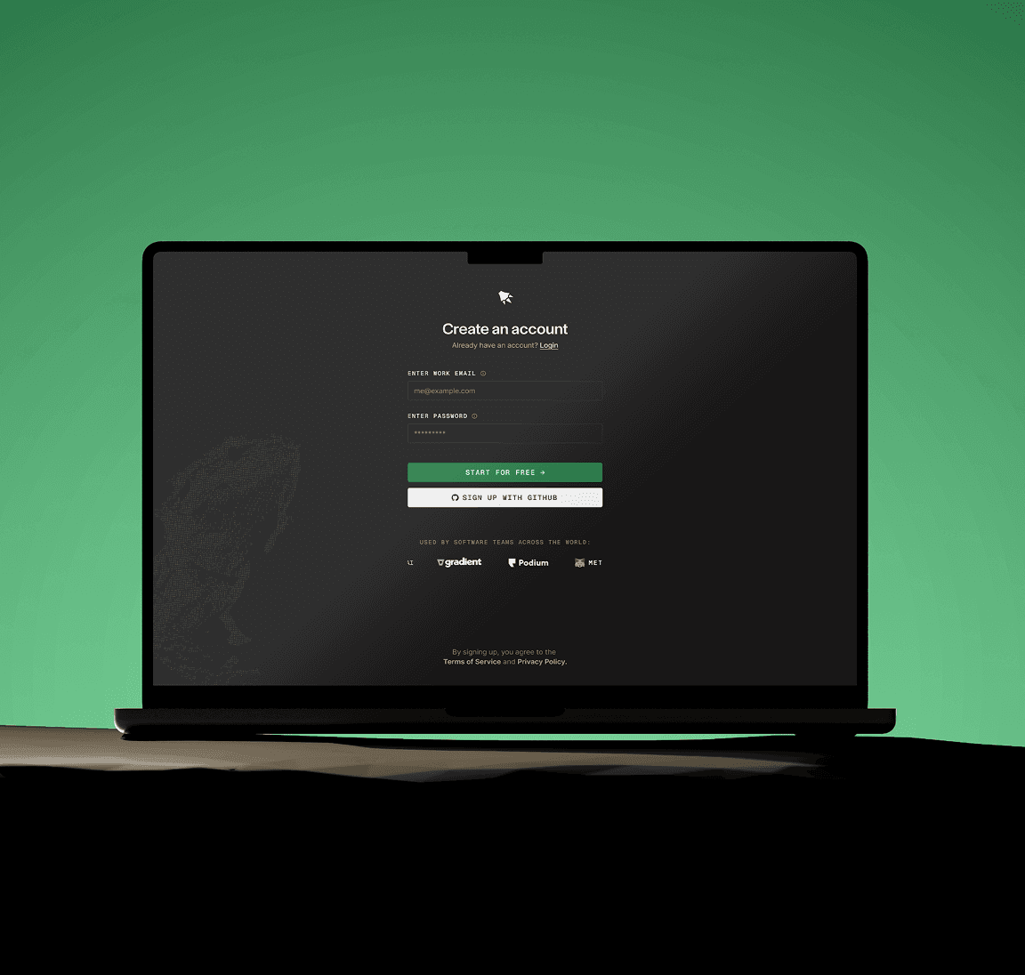 Greptile sign-up screen on a laptop