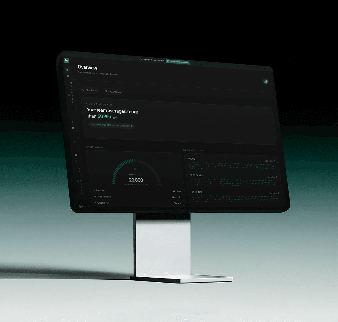Greptile analytics dashboard on a studio display