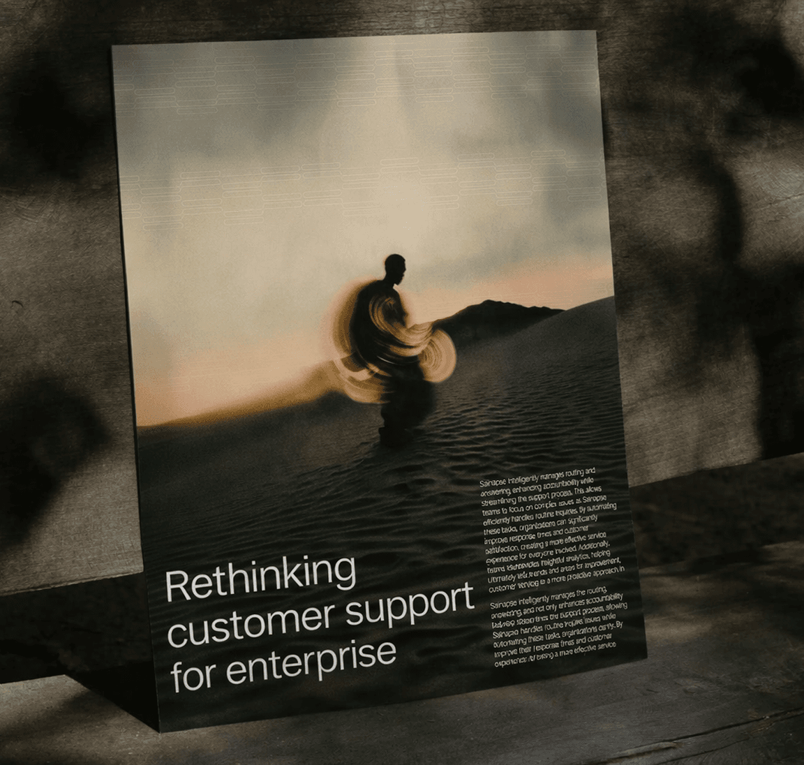 Sainapse enterprise customer support poster with moody surfer imagery