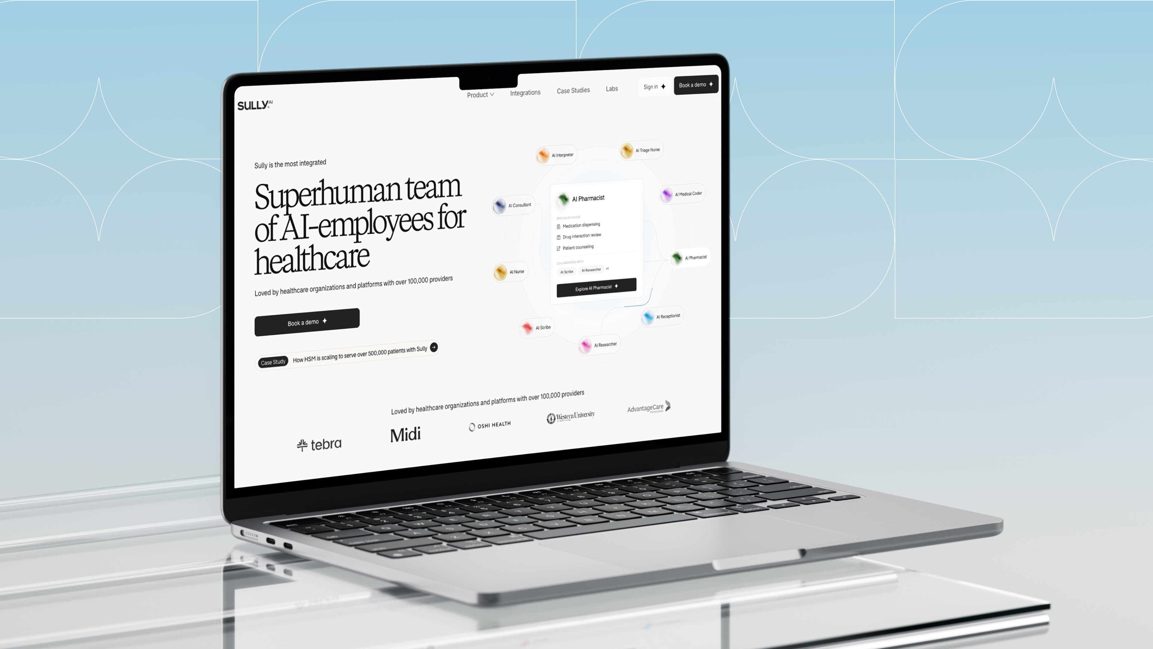 Sully.ai homepage on a laptop mockup, website and motion design by PIXELUP LABS